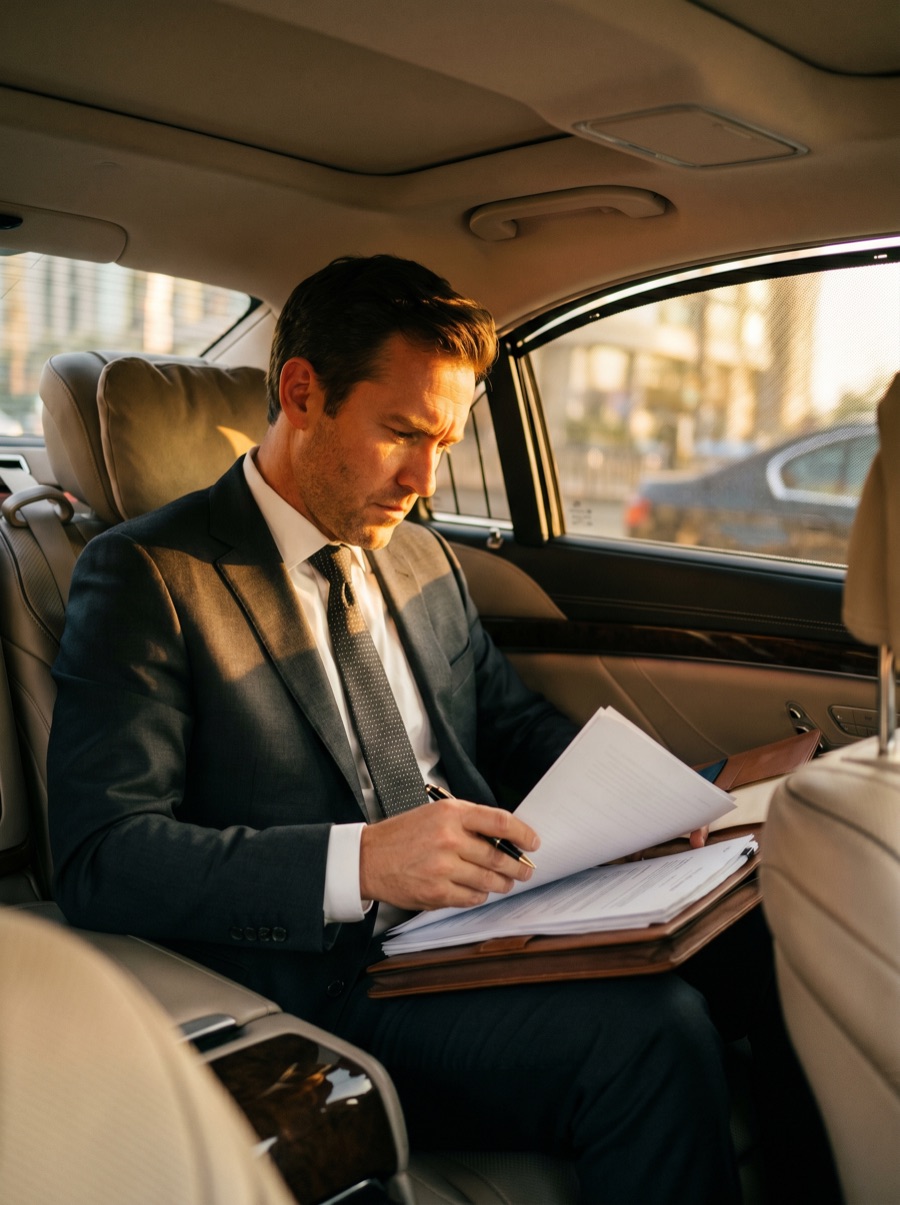 Suited executive reviewing notes in the back of a luxury sedan